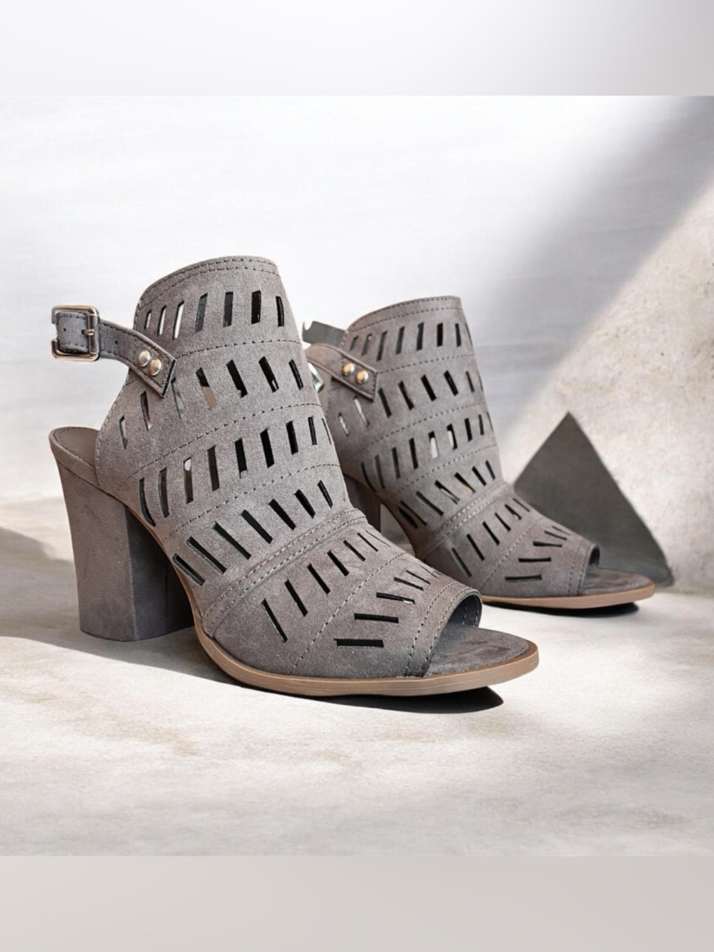 Christian Siriano Gray Suede Laser-Cut Block Heel Sandals